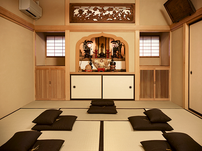 A tatami room with meditation cushions
