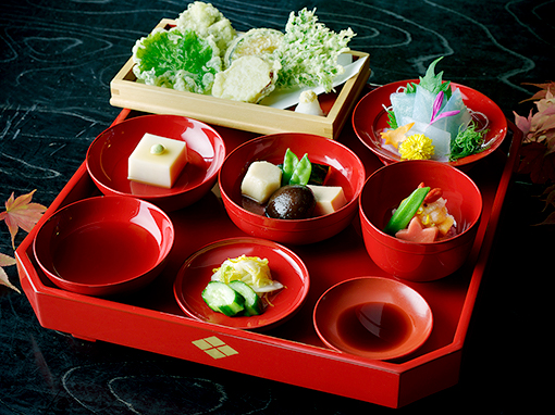 A meal served on a red tray